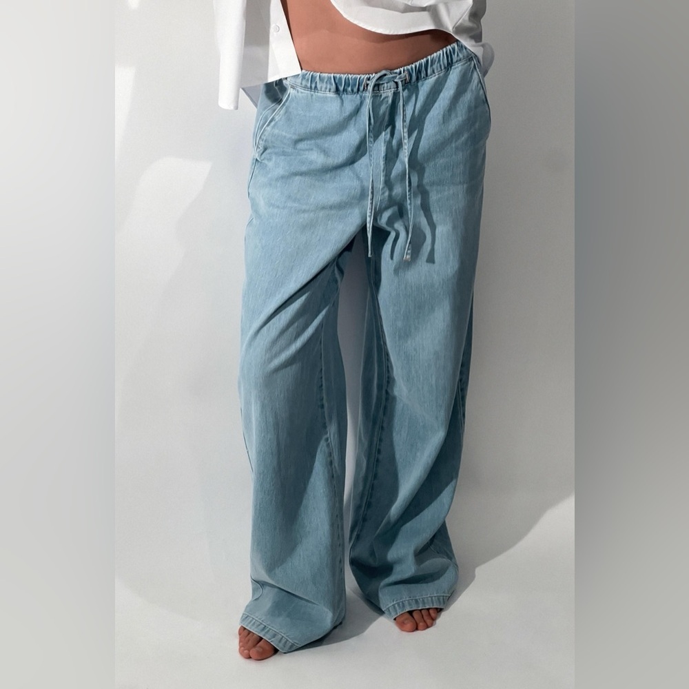 ZARA Light Blue Drawstring Denim Pants - Jeans Sweatpants Wide Leg Jogger Jeans